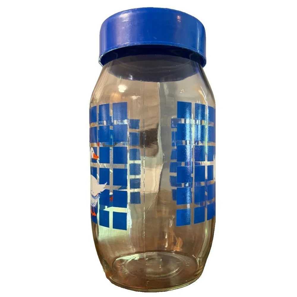 Vintage 1982 Carlton Glass 1.5L Geese Canister Blue Checkered Jar w Lid USA
